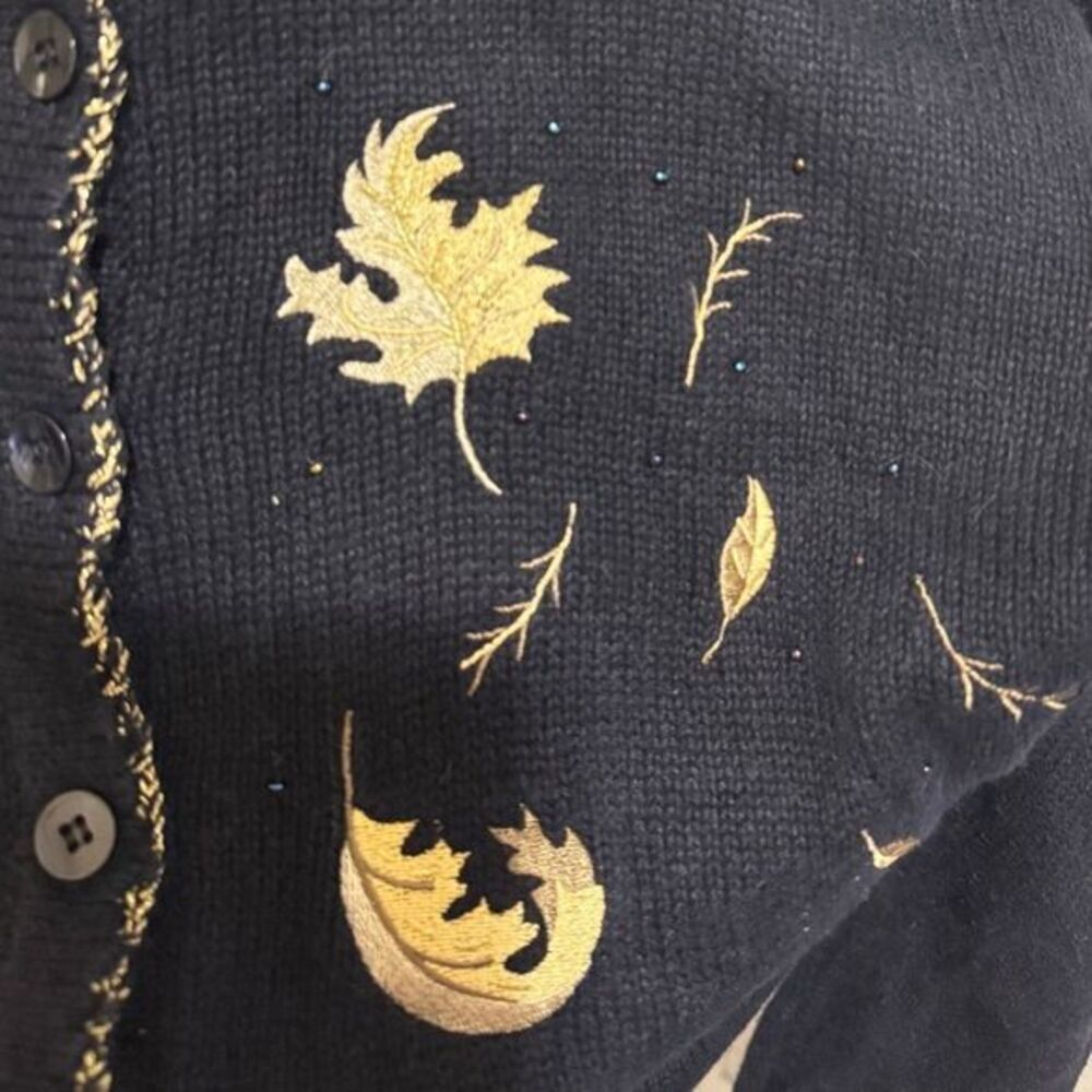 Vintage Navy Cardigan with Gold Leaf Accents - Picture 6 of 6